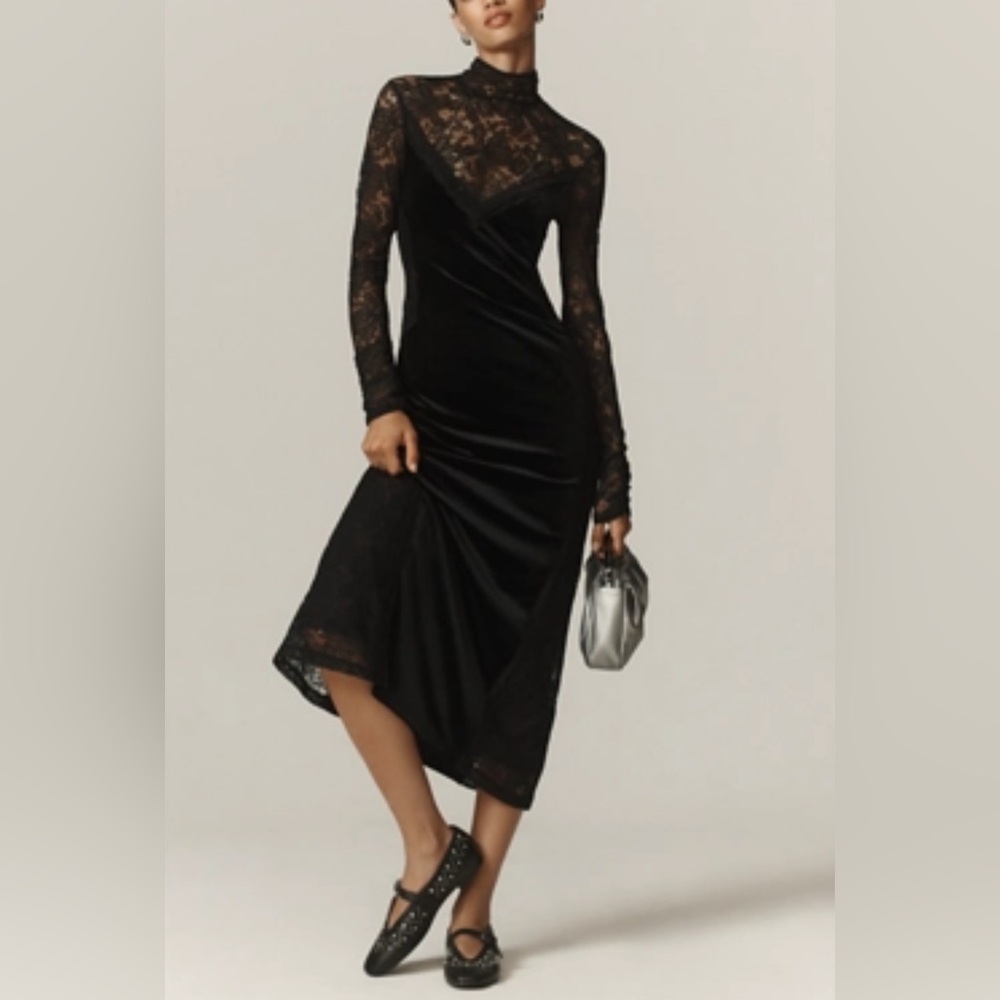 Nwt Anthropologie Black Lace Velvet Mock Neck  Midi Long Sleeve Dress Sz Medium